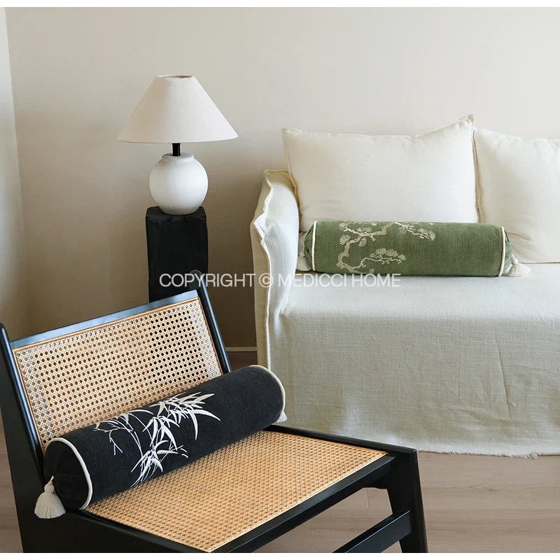 Luxury Bamboo Embroidery Cylindrical Bolster Cover (16×57cm) – Chinoiserie Neck Roll & Daybed Cushion Case