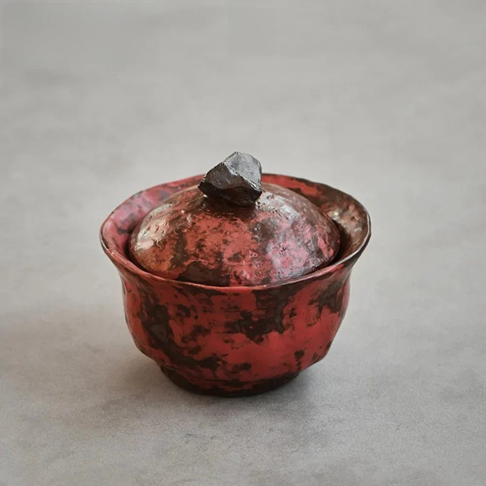 120ml Handmade Powder Yin Red Gaiwan – Japanese Coarse Pottery Tea Tureen