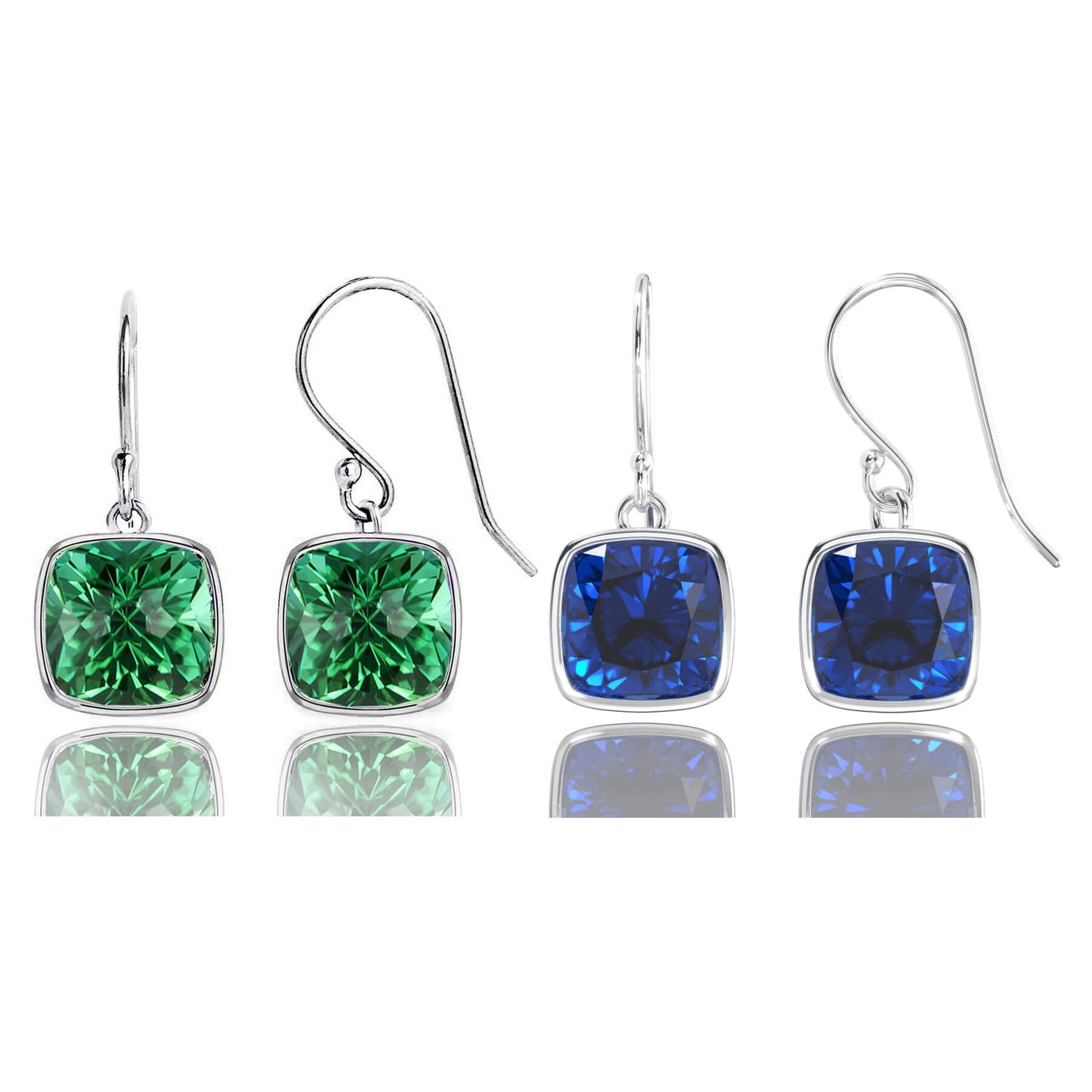 2 Pair Pack: 9.00 CTW Cushion Cut Created Blue Sapphire & Emerald Drop Earrings – Available in .925 Sterling Silver or 14kt Yellow Gold Over .925 – 8mm Square Gems