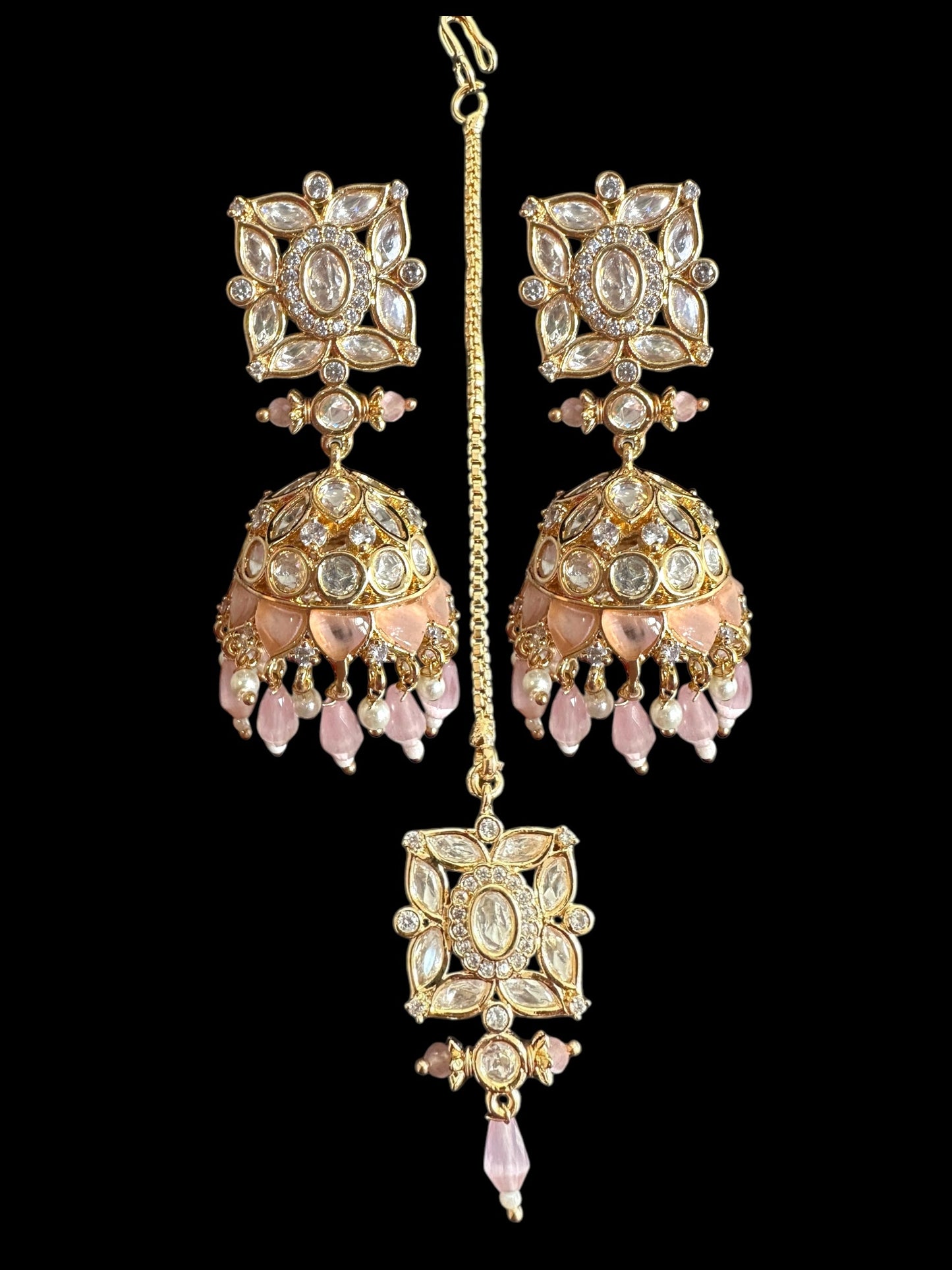 DJET71 Kaheesha Polki jhumka and tika set in pink ( READY TO SHIP )