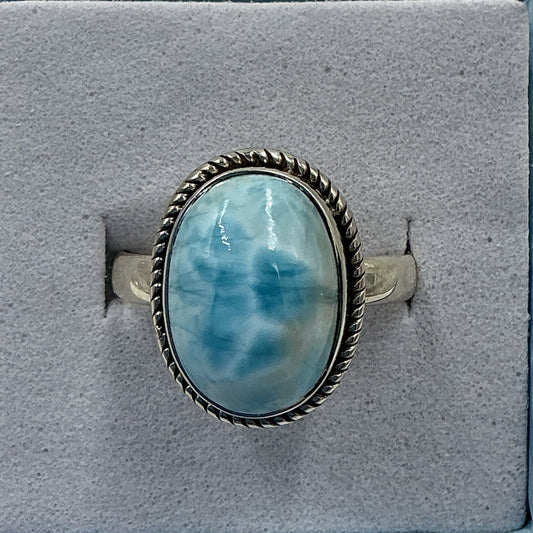 Sterling Silver Larimar Oval Ring - Size 8 - Deepest Calm