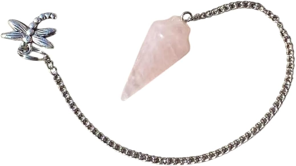 Natural Gemstone Smooth Conical Crystal Pendulum with Charm, Nickle Free Chain, Reiki Meditation Dowsing Tool (Rose Quartz)