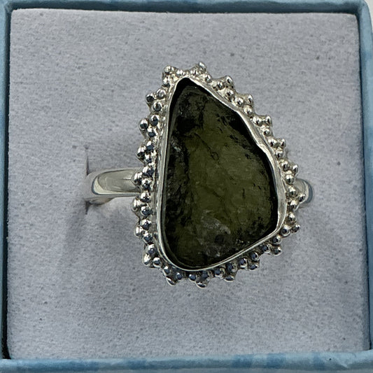 Sterling Silver Sunburst Natural Moldavite Ring - Size 10 - Transformation & Awakening