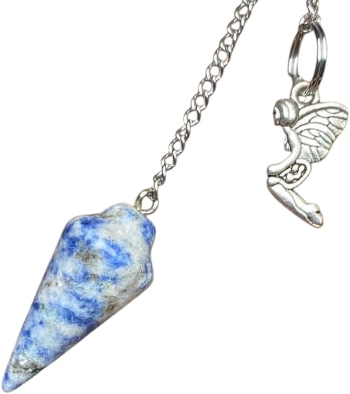 Natural Gemstone Smooth Conical Crystal Pendulum with Charm, Nickle Free Chain, Reiki Meditation Dowsing Tool (Sodalite)