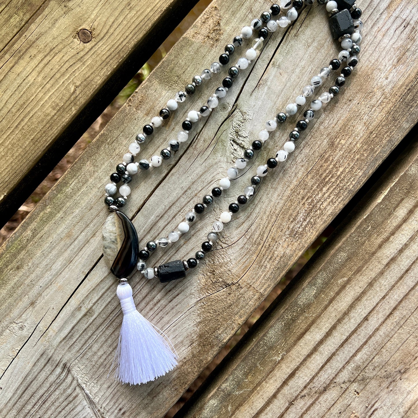 Yin Yang Meditation Mala – Onyx, Howlite & Tourmaline Quartz