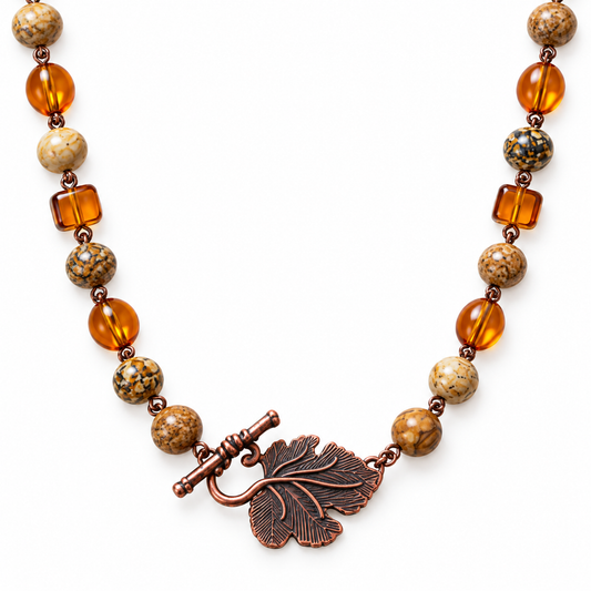 Jasper & Amber Glass Necklace with Copper Leaf Clasp