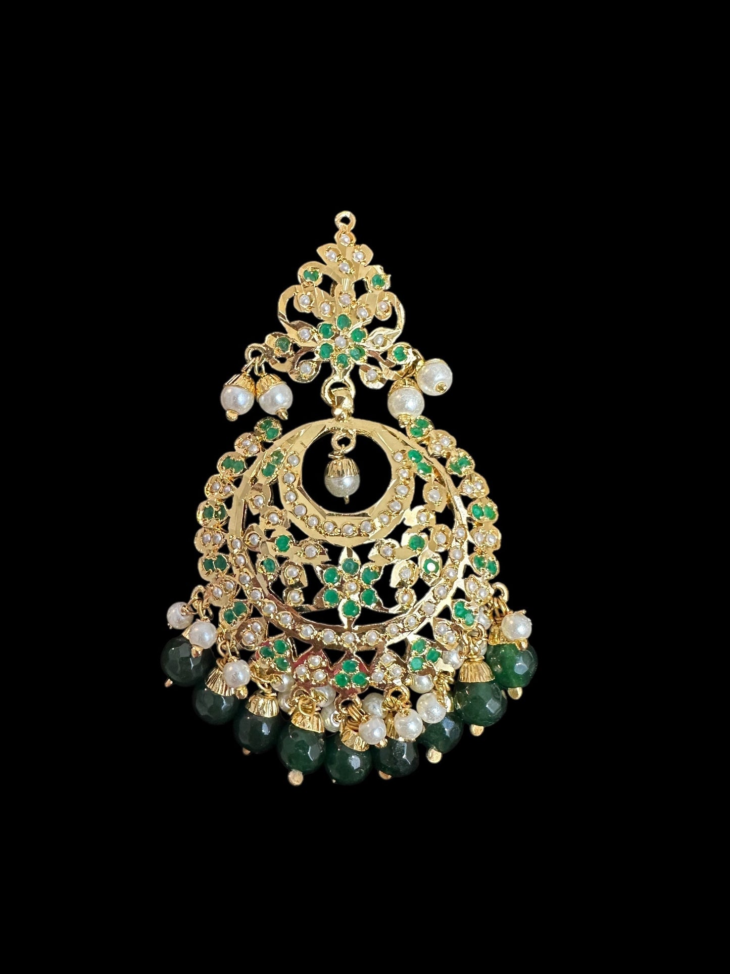 DJET84 Dafiya Gold Plated emerald Chandbali Earrings & Tika Set | Ready to Ship | Deccan Jewelry