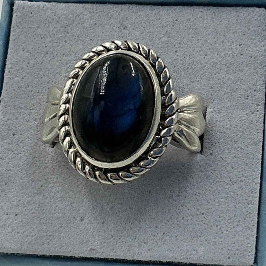 Sterling Silver Deep Blue Labradorite Oval Pageant Ring - Size 7 - Magic and Protection