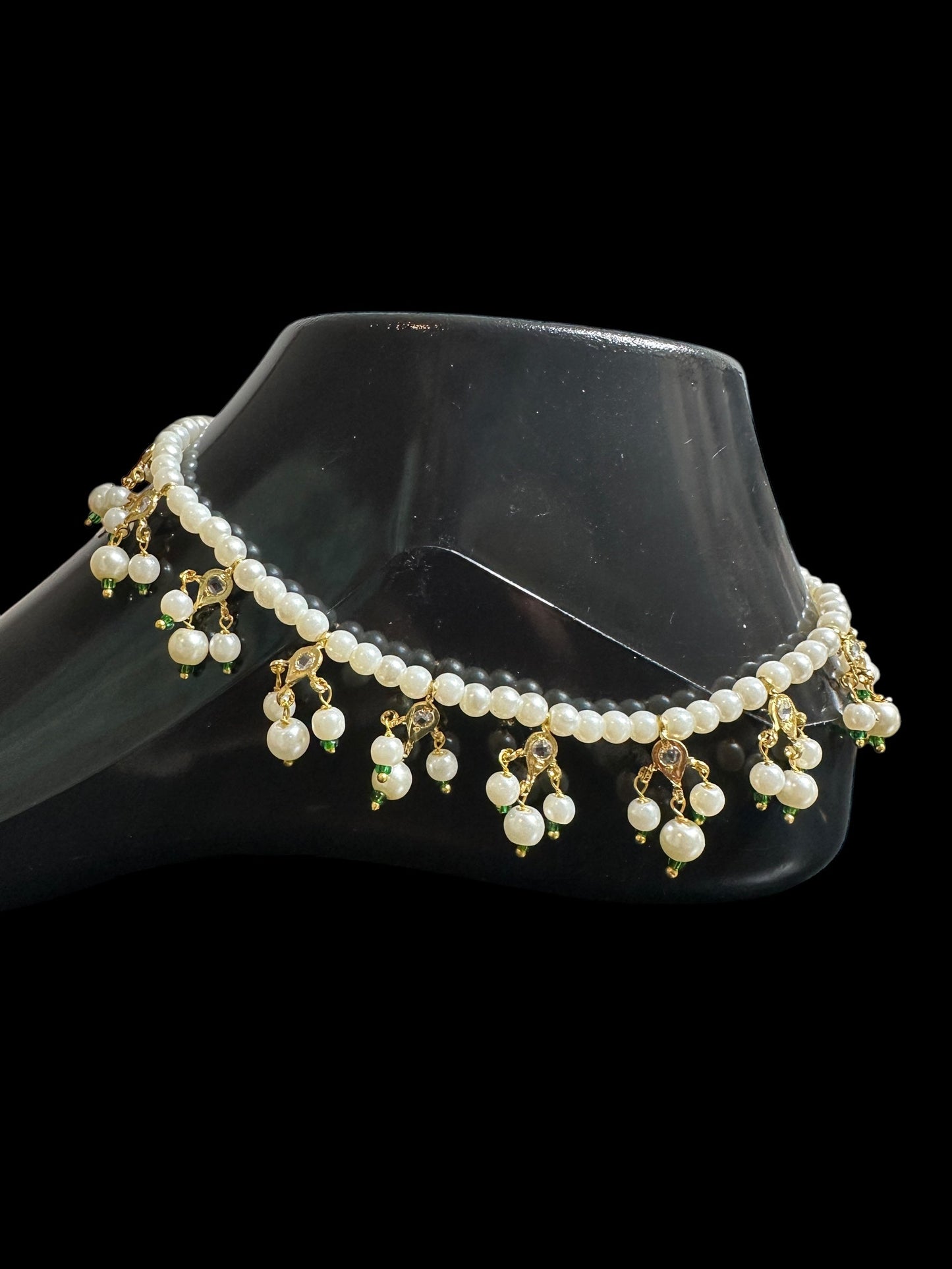 Pearl polki Payal - green beads  ( READY TO SHIP )