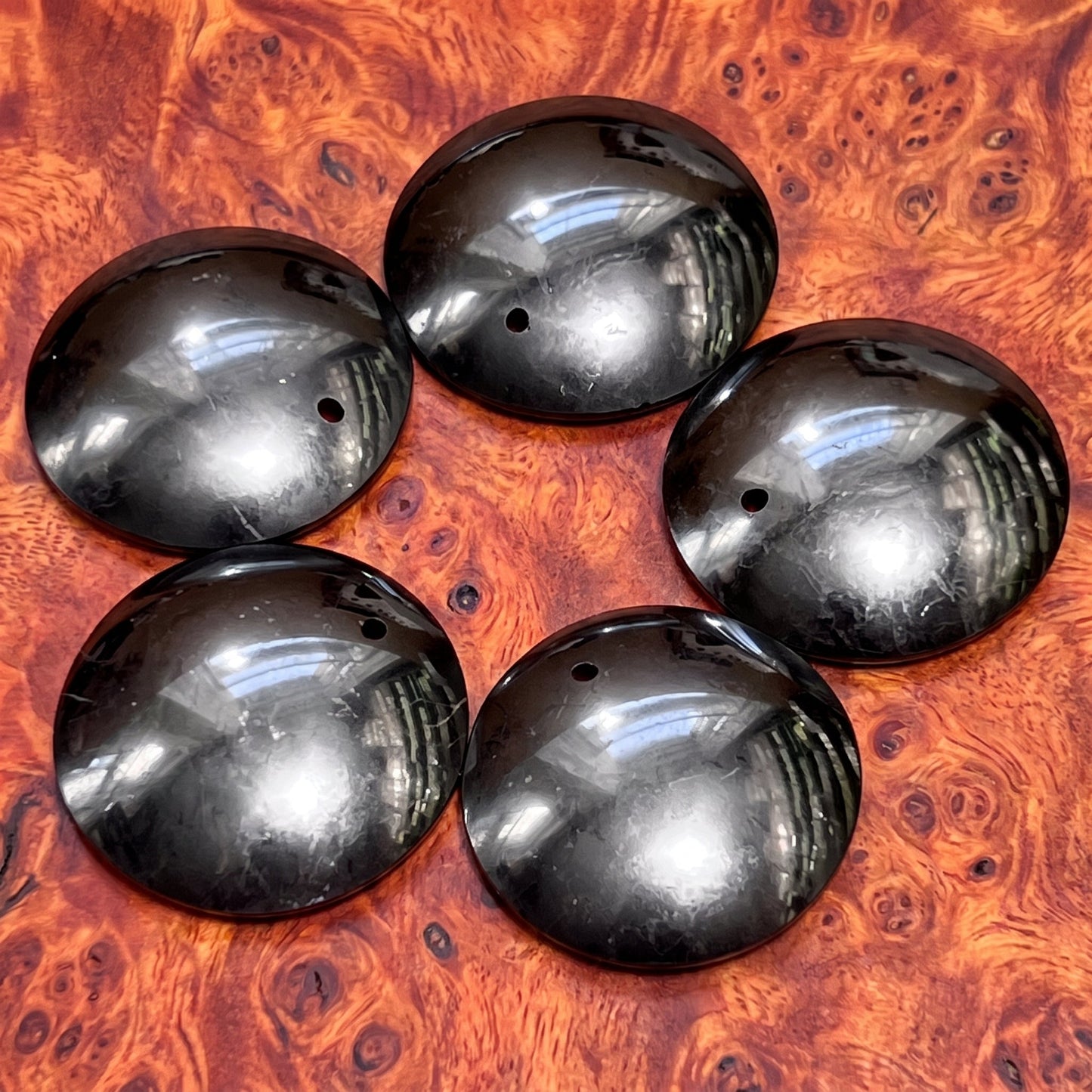 Black Shungite Circle Puffy Dome Drilled Beads Pendant Gemstone Jewelry Necklace Supply