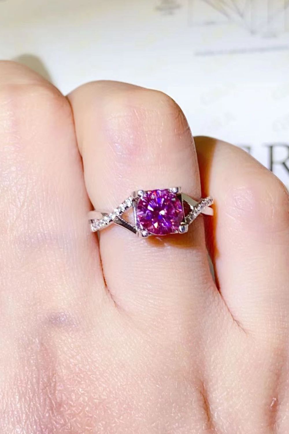 1 Carat Fuschia Pink Sparkala™ Crisscross Platinum Over Pure Sterling Silver Ring