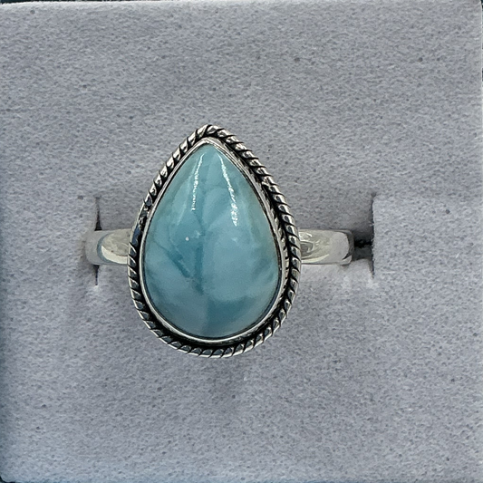 Sterling Silver Larimar Tear Ring - Size 7 - Calm & Communication