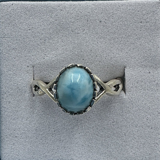 Sterling Silver Larimar Round Ring - Size 7 - Infinite Peace