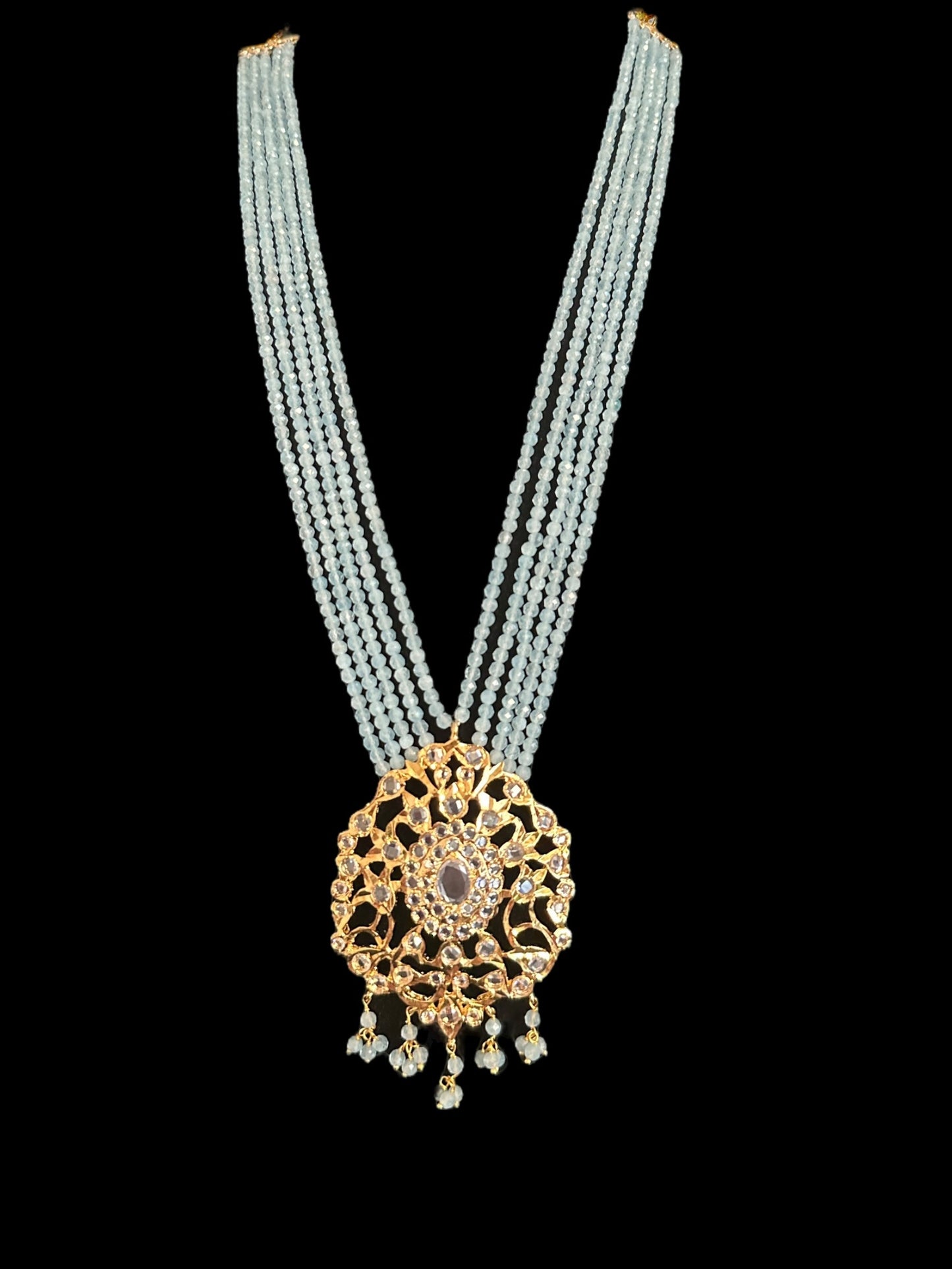 DLN123 Himah long necklace with earrings in real aquamarine beads ( SHIPS IN 2 WEEKS )