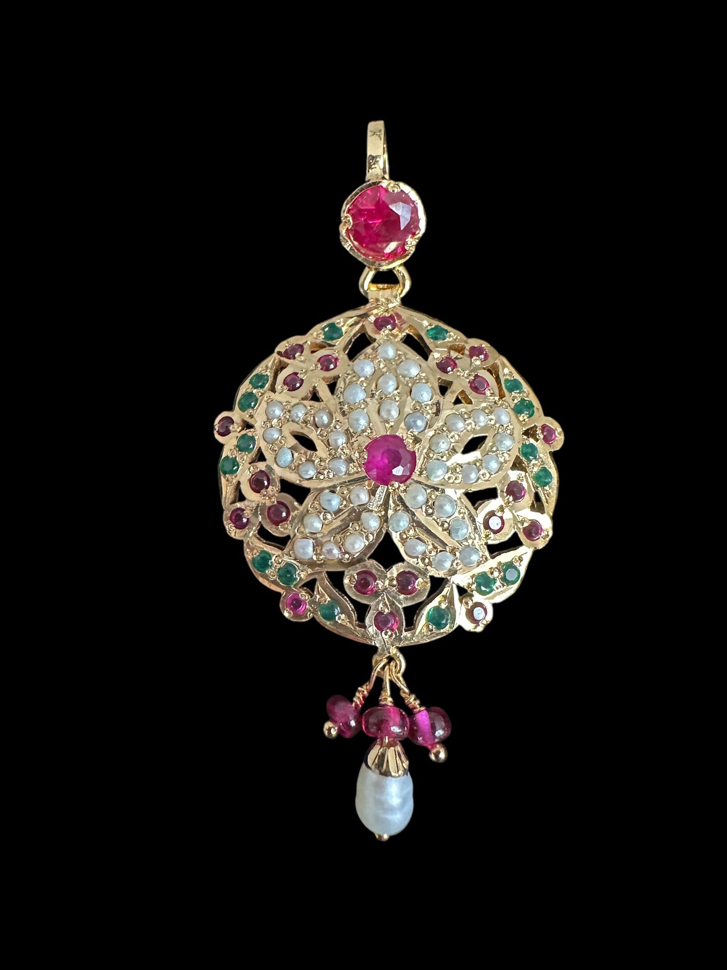 ESHAL pendant set in silver - Ruby emerald pearl ( READY TO SHIP )