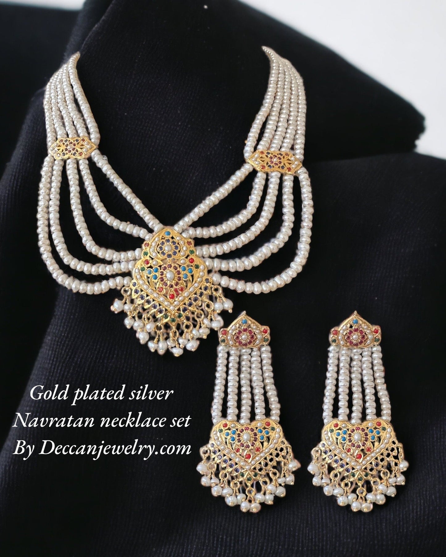 Navratan gold plated silver necklace with earrings in fresh water pearls ( SHIPS IN 5 WEEKS  )