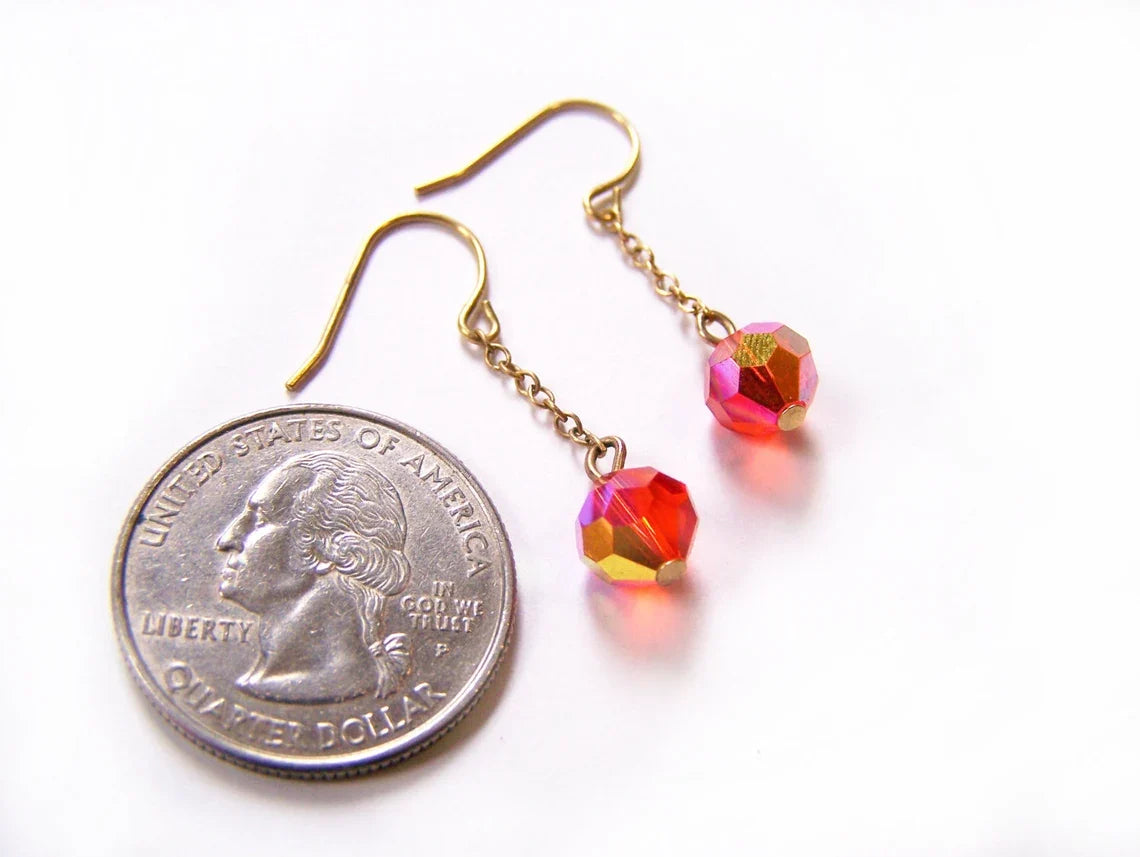 Dainty Red Swarovski Crystal Chain Dangle Earrings – Gold Brass