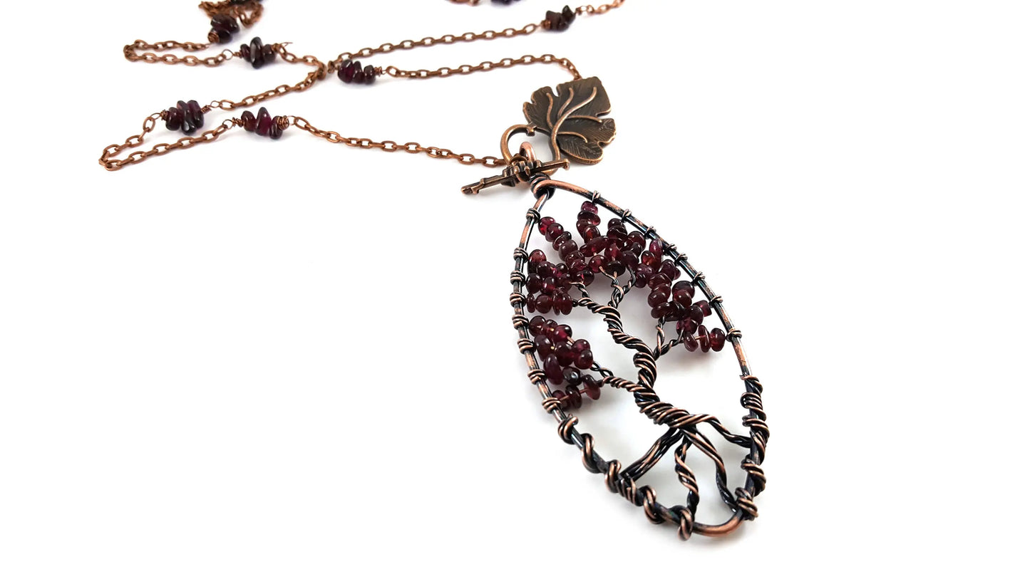 Garnet Tree of Life Pendant Necklace – Copper Wire Wrapped, 32 Inch Chain