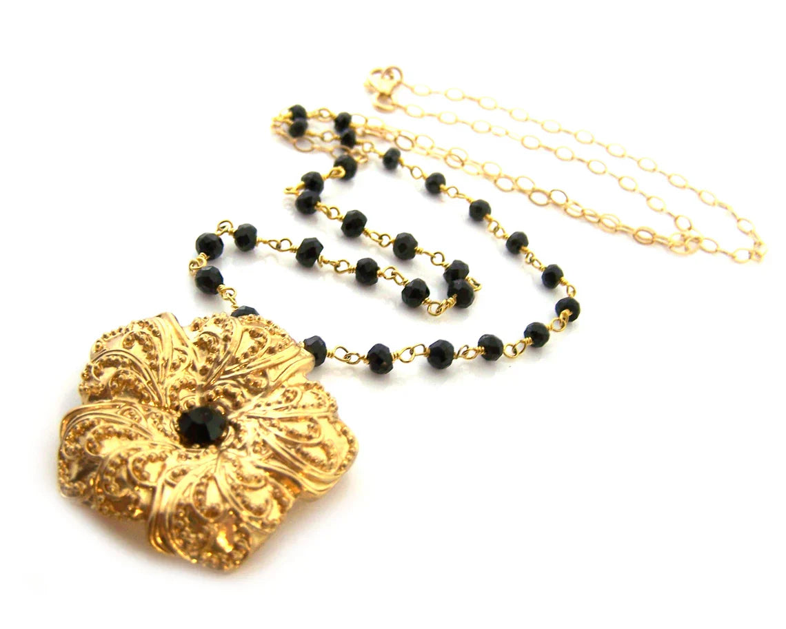 Gold Flower Black Onyx Gemstone Ornate Vintage Inspired OOAK Gold Filled Wire Wrapped Necklace