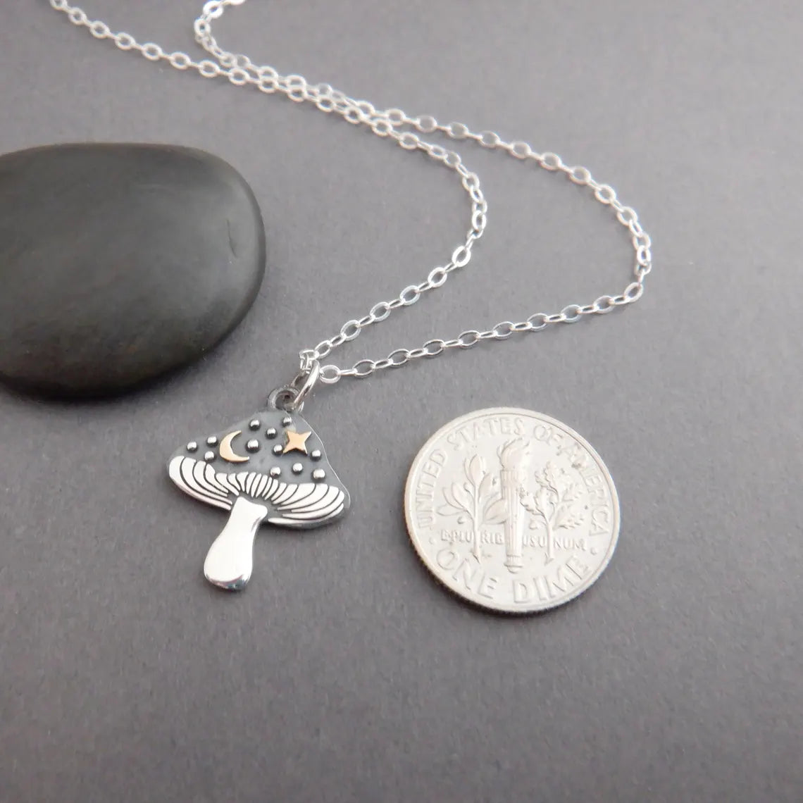 Mushroom & Moon Necklace – Sterling Silver with Bronze Crescent and Star, 18" Chain