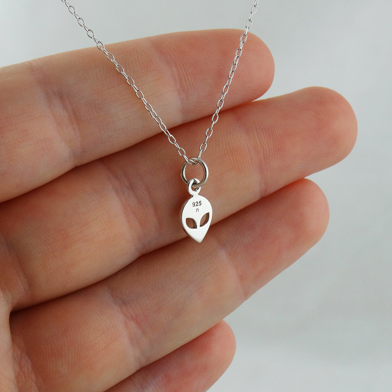 Tiny Alien Head Necklace – Sterling Silver Space-Inspired Charm on 16" Chain