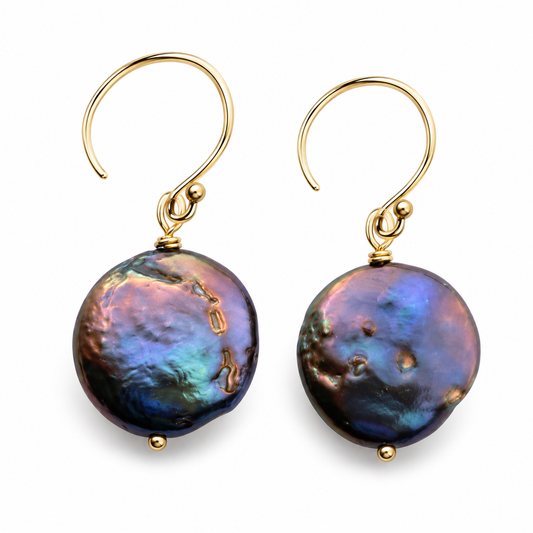 Peacock Freshwater Pearl Coin Earrings – 14K Gold Filled