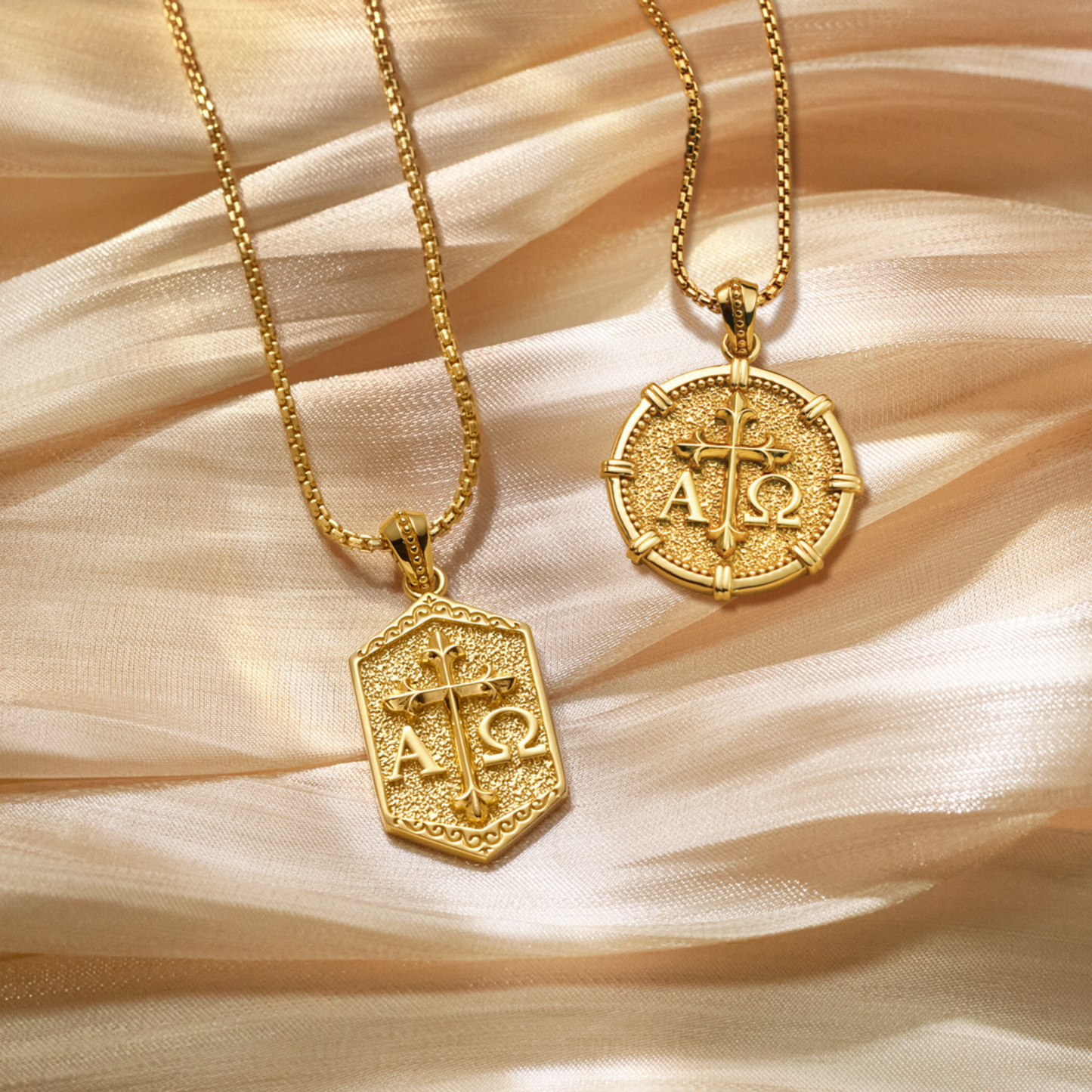 Alpha Omega Fleur-de-Lis Cross Medallion Necklace