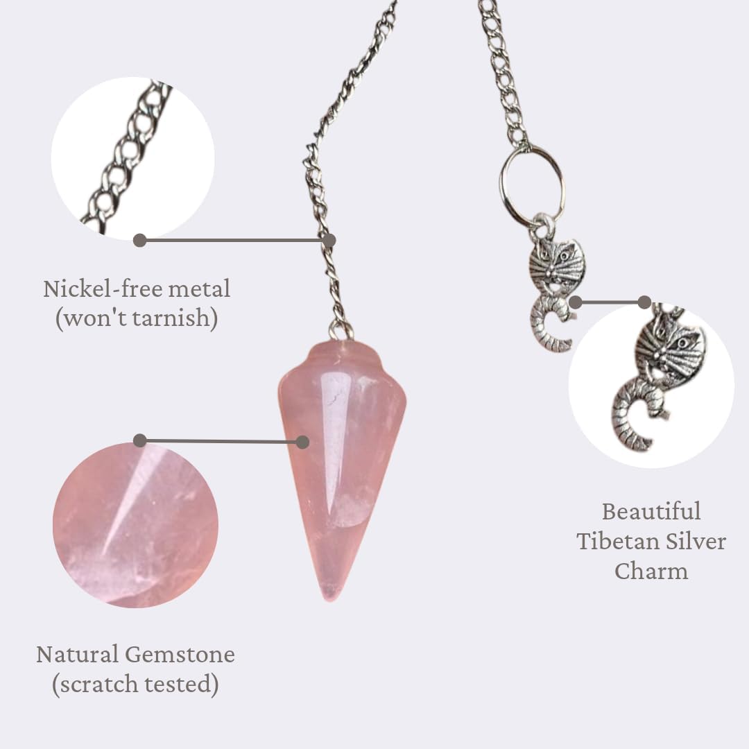 Natural Gemstone Smooth Conical Crystal Pendulum with Charm, Nickle Free Chain, Reiki Meditation Dowsing Tool (Rose Quartz)