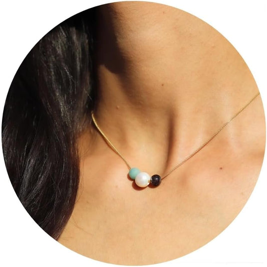 Extrinsic Beauty Handcrafted Beaded Necklace with White Pearl, Amazonite, Garnet Stones on 18kGP Gold Chain, Modern Minimalist Style