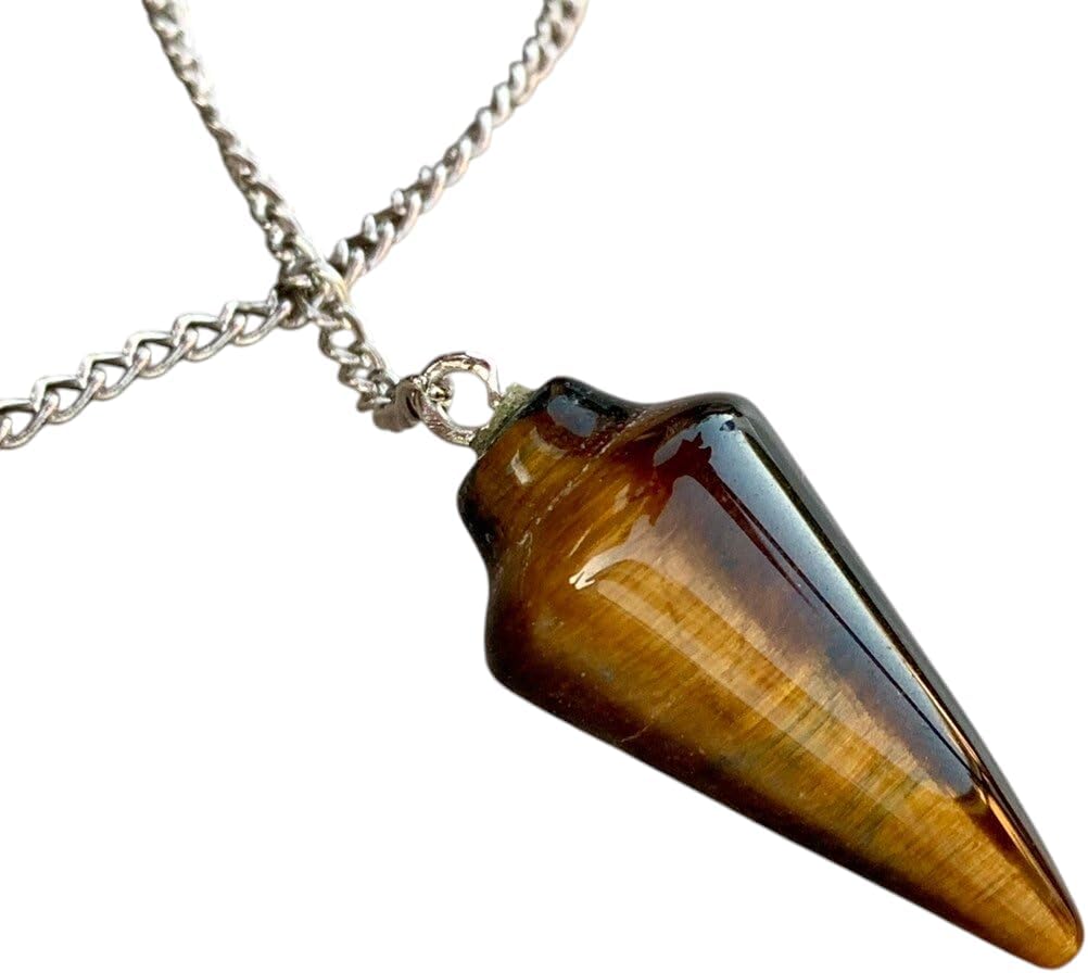 Natural Gemstone Smooth Conical Crystal Pendulum with Charm, Nickle Free Chain, Reiki Meditation Dowsing Tool (Tigers Eye)