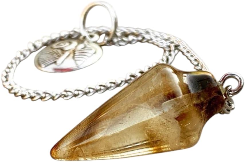 Natural Gemstone Smooth Conical Crystal Pendulum with Charm, Nickle Free Chain, Reiki Meditation Dowsing Tool (Smoky Quartz)