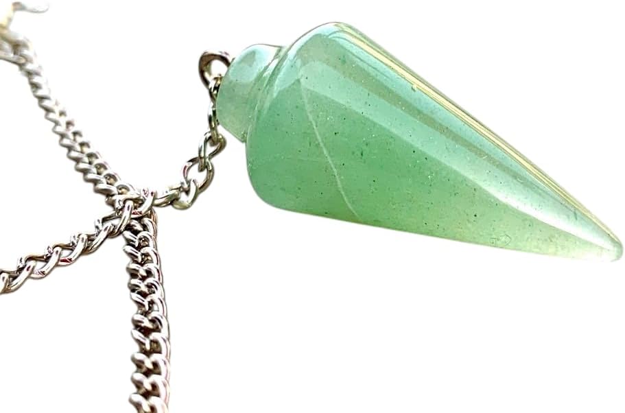Handmade Natural Gemstone Smooth Conical Crystal Pendulum with Charm, Free Chain, Reiki Meditation Dowsing Tool (Green Aventurine)