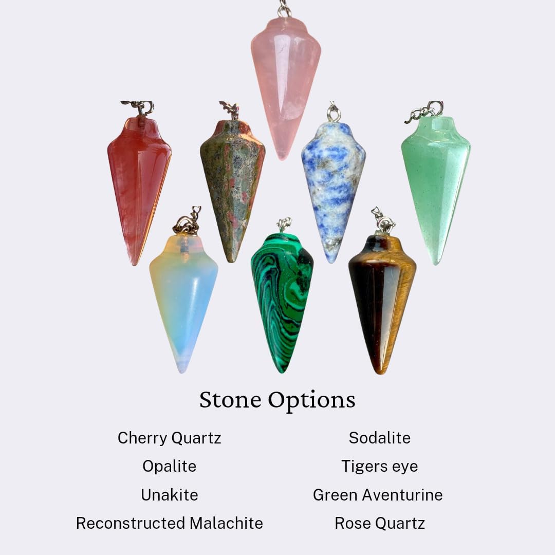 Natural Gemstone Smooth Conical Crystal Pendulum with Charm, Nickle Free Chain, Reiki Meditation Dowsing Tool (Rose Quartz)