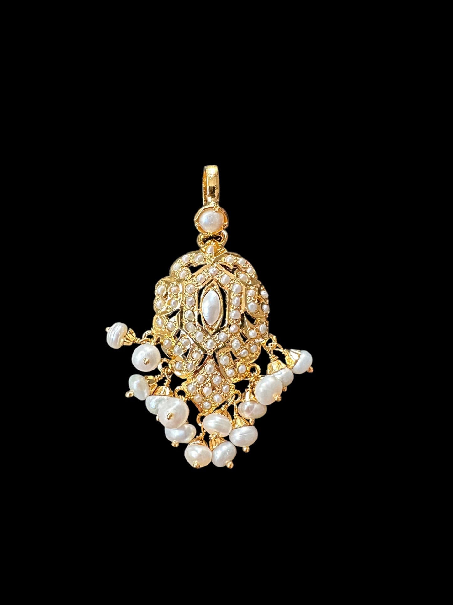 Gold plated jadau silver pendant set in fresh water pearls  ( SHIPS IN 5 WEEKS )