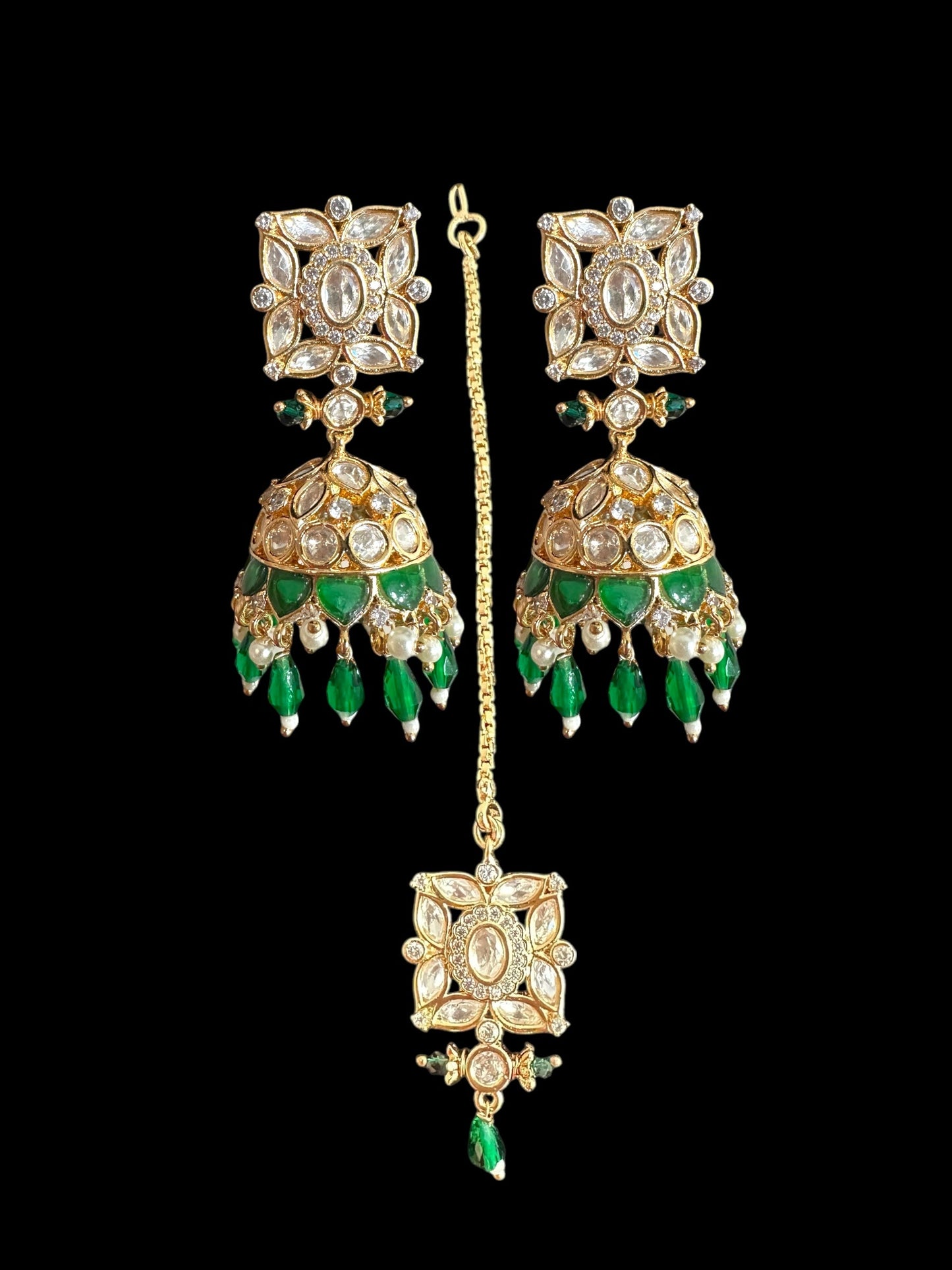 DJET69 Kaheesha Polki jhumka and tika set in green ( READY TO SHIP )