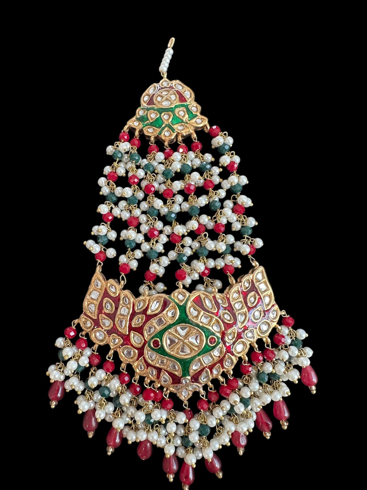 JTK36 kundan jhoomar tika in red and green meenakari  ( READY TO SHIP )