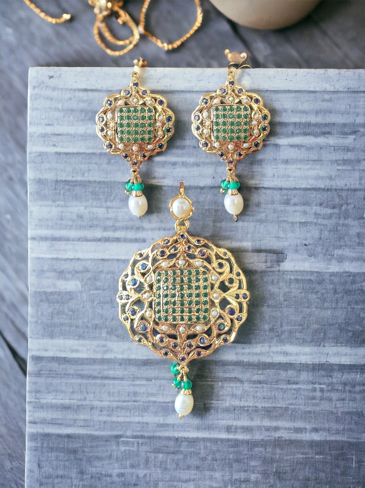 Emerald & Sapphire Gold-Plated Silver Pendant Set with Freshwater Pearls ( READY TO SHIP )