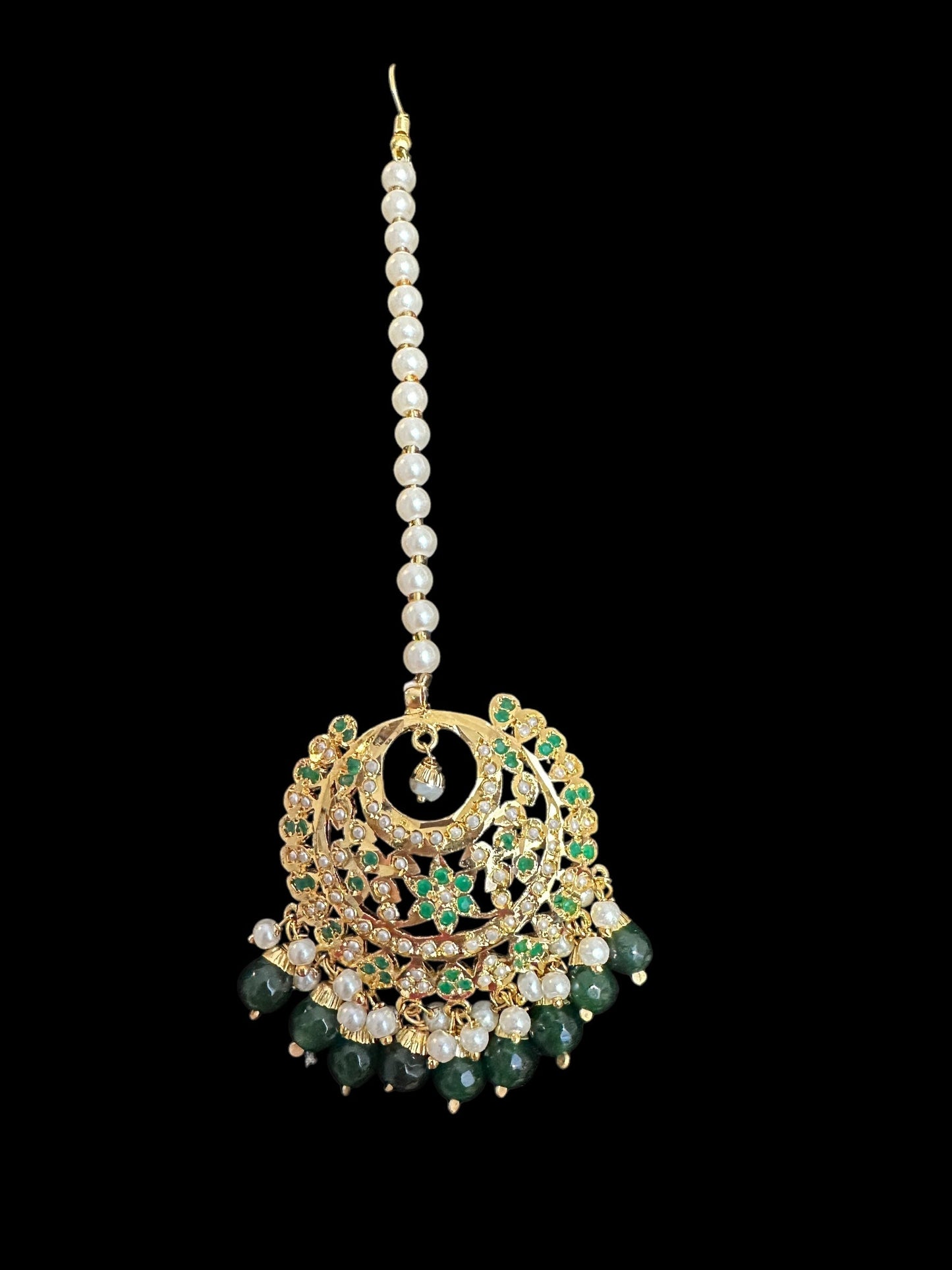 DJET84 Dafiya Gold Plated emerald Chandbali Earrings & Tika Set | Ready to Ship | Deccan Jewelry