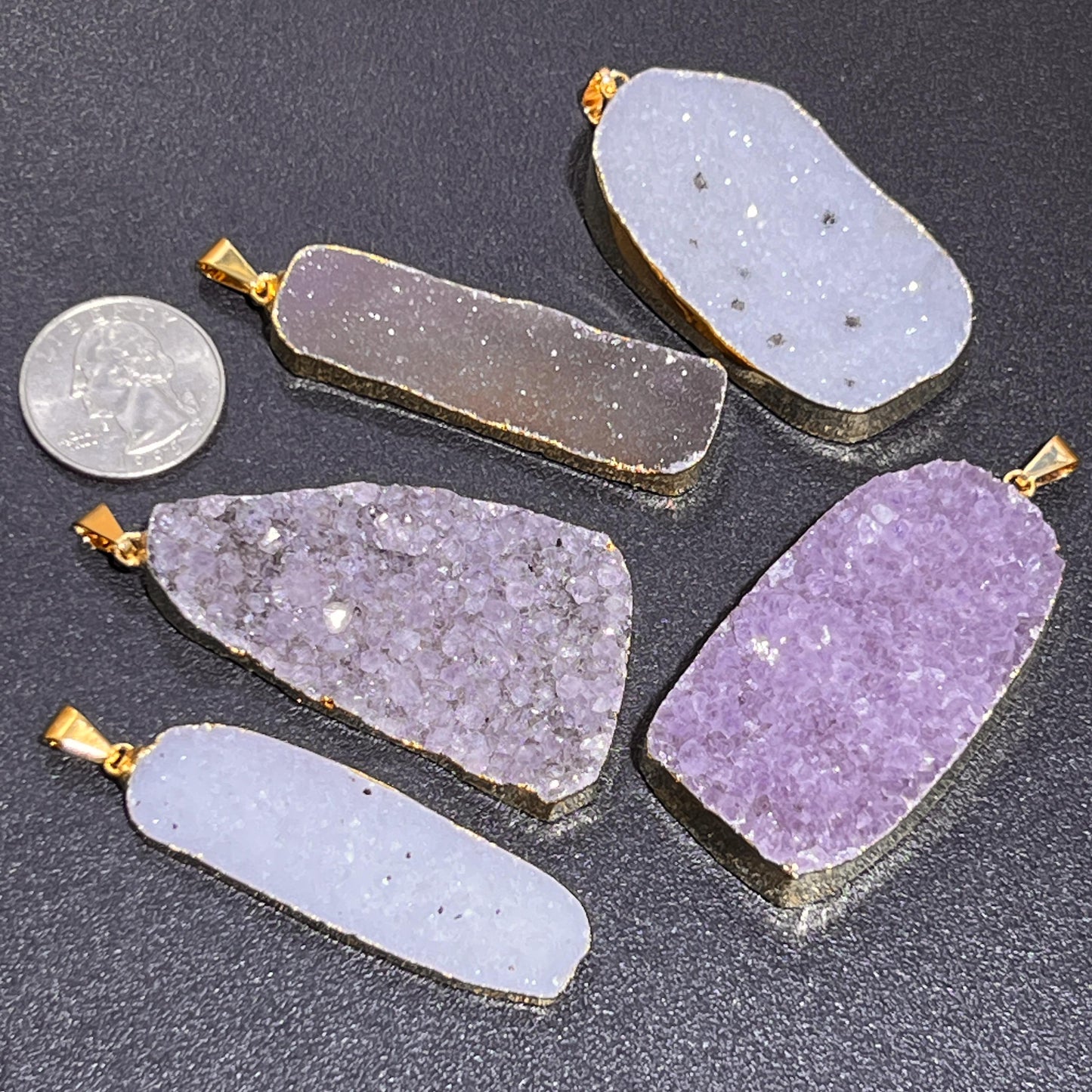 Large Agate and Amethyst Druzy Crystal Statement Pendants (Gold Plated)
