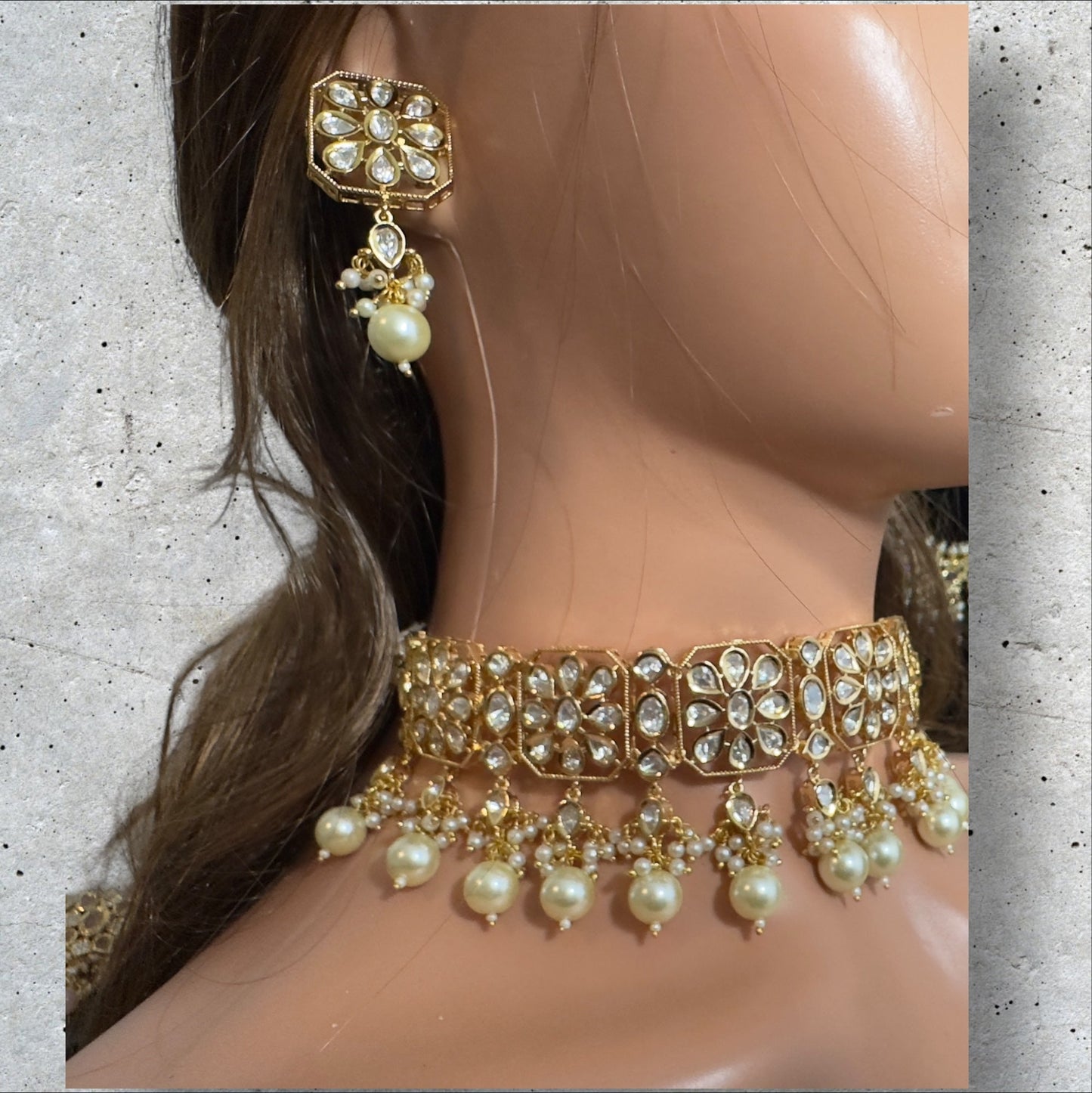 C549 vanya polki choker with earrings in golden pearls ( READY TO SHIP )