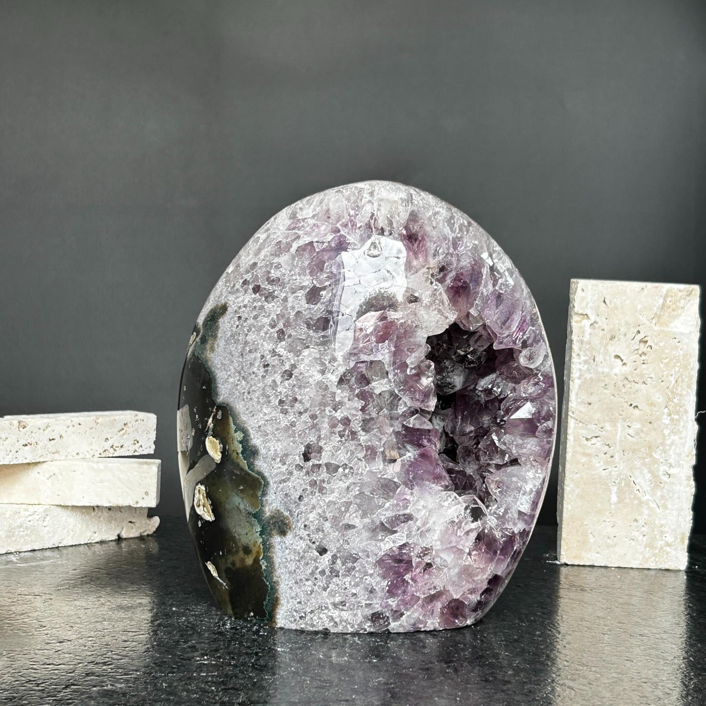 Superb Amethyst Crystal Geode with Agate formations, 7 in tall Extra Large Amethyst Cave, Oval Shaped Stone Polished at edges