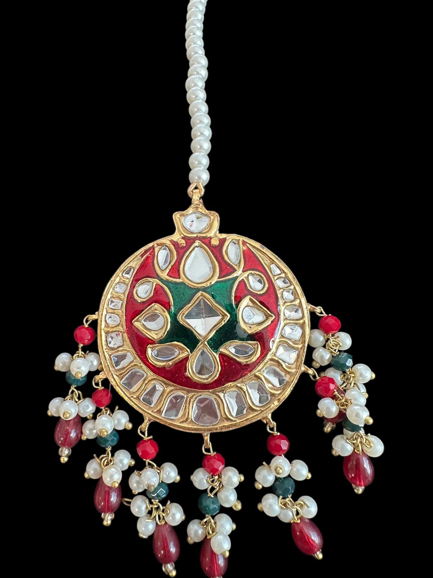 JTK36 kundan jhoomar tika in red and green meenakari  ( READY TO SHIP )