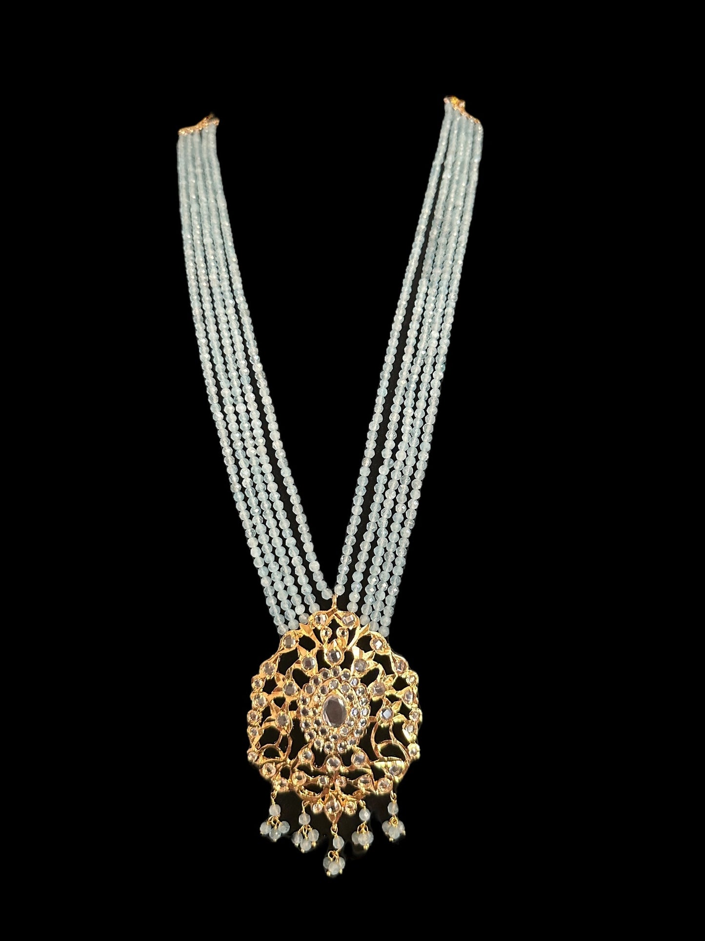 DLN123 Himah long necklace with earrings in real aquamarine beads ( SHIPS IN 2 WEEKS )