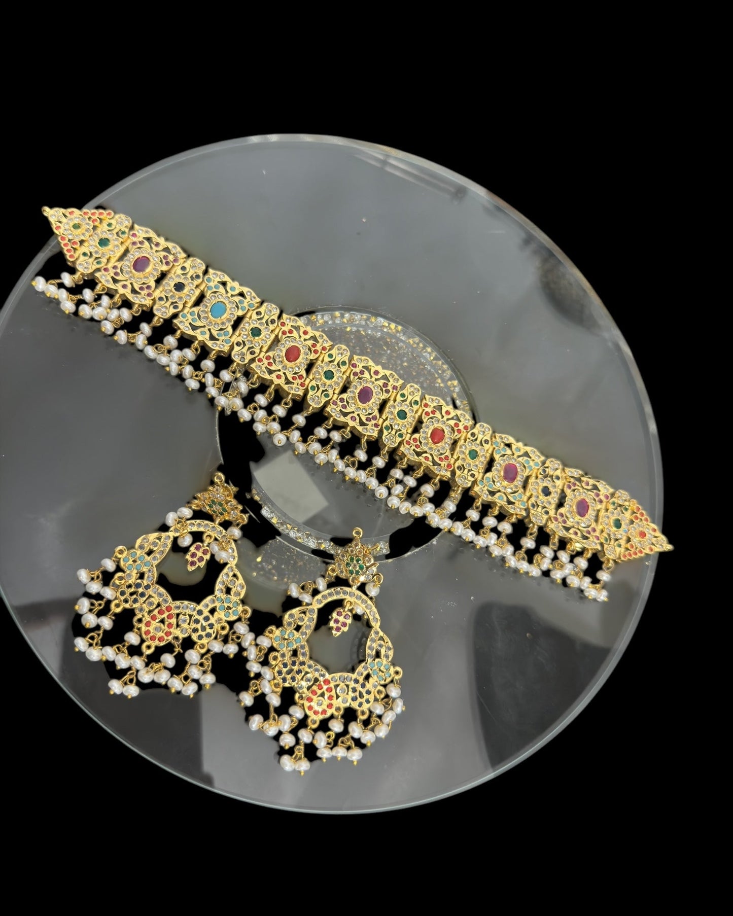 C543  Nishat fresh water pearl choker with earrings -Navratan  ( READY TO SHIP )