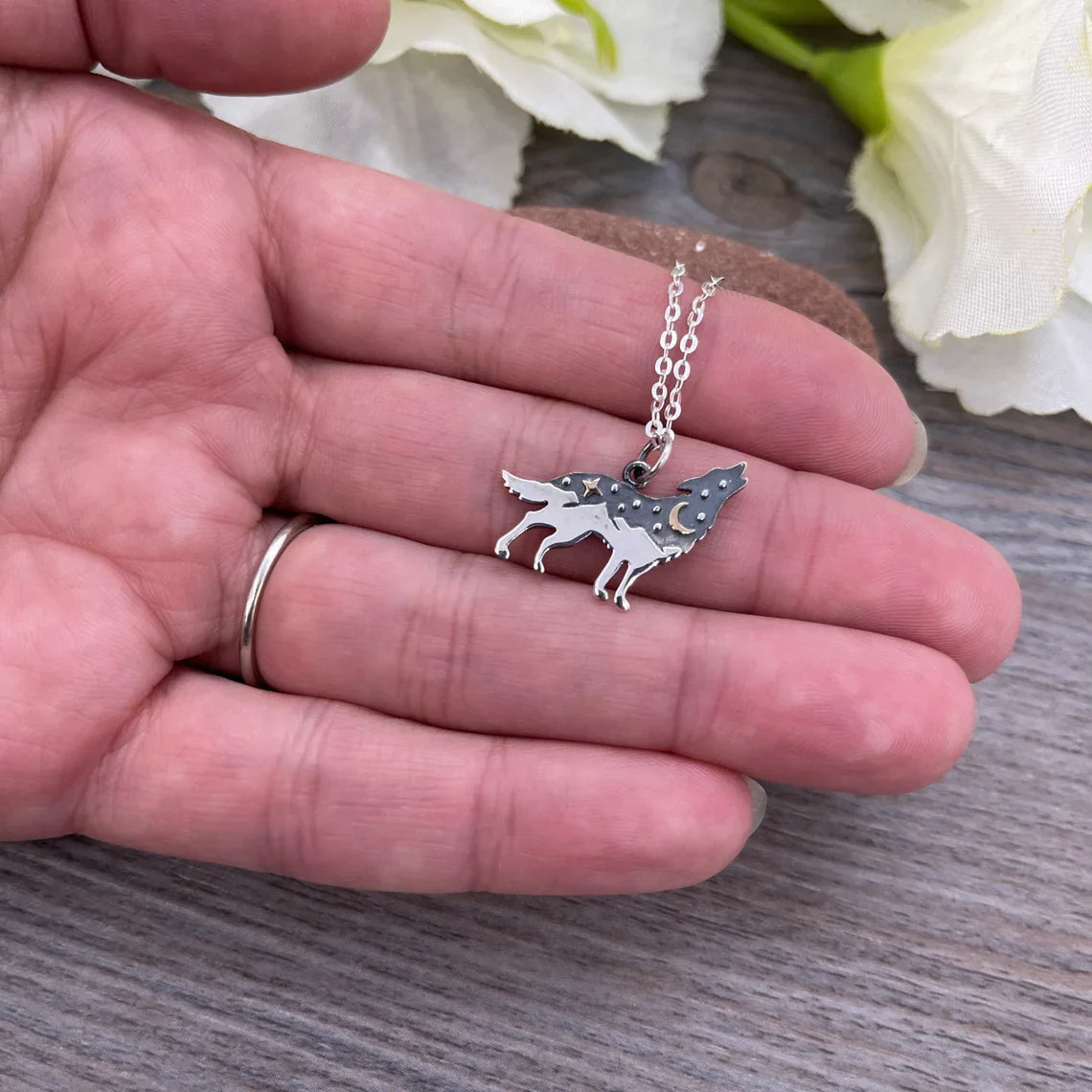 Sterling Silver Wolf Necklace – Howling Wolf with Moon & Star Pendant