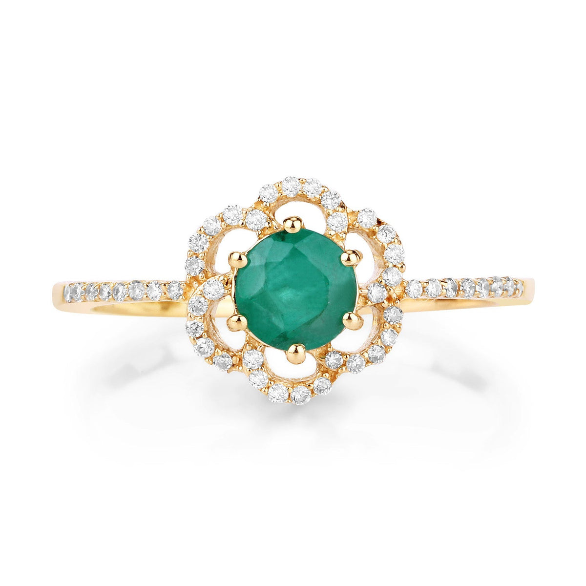 0.55 Carat Genuine Zambian Emerald and White Diamond 14K Yellow Gold Ring