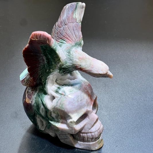 Large Skull and Eagle Carving Red Moss Agate