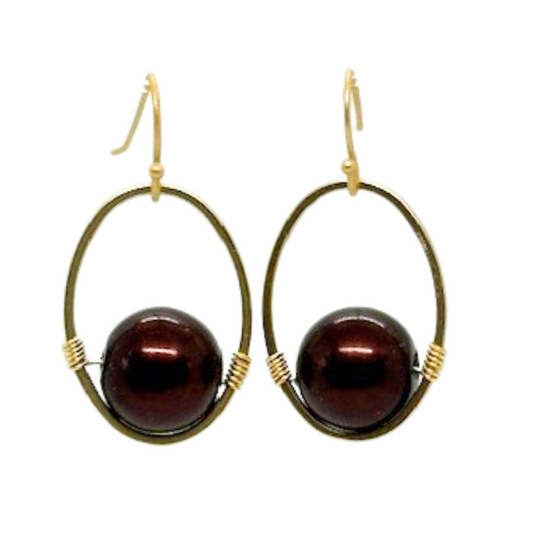 Burgundy Pearl Wire Wrapped Matte Gold Oval Earrings