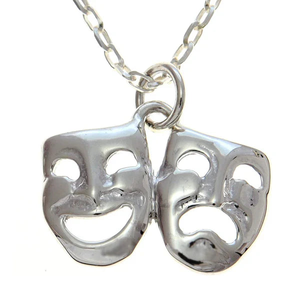 Tiny Comedy & Tragedy Mask Necklace – Sterling Silver on 18" Dainty Chain