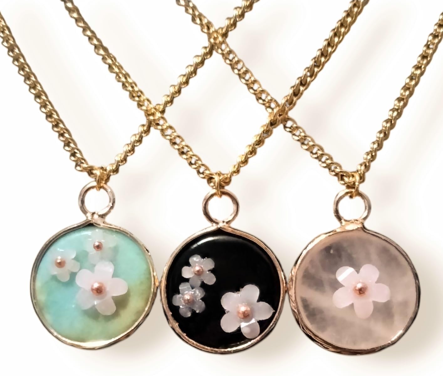 18K Gold Plated Natural Stone Necklace with Color Changing Floral Design, Black Obsidian, Amazonite, Rose Quartz, UV Reactive